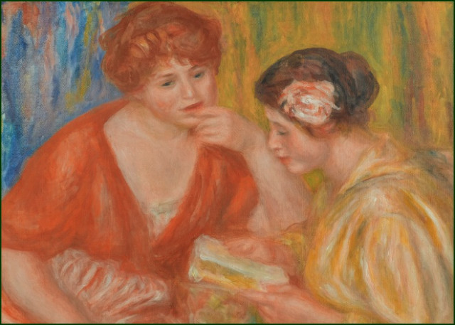 Lezen twee vrouwen met rode en roze corsages, Pierre-Auguste Renoir